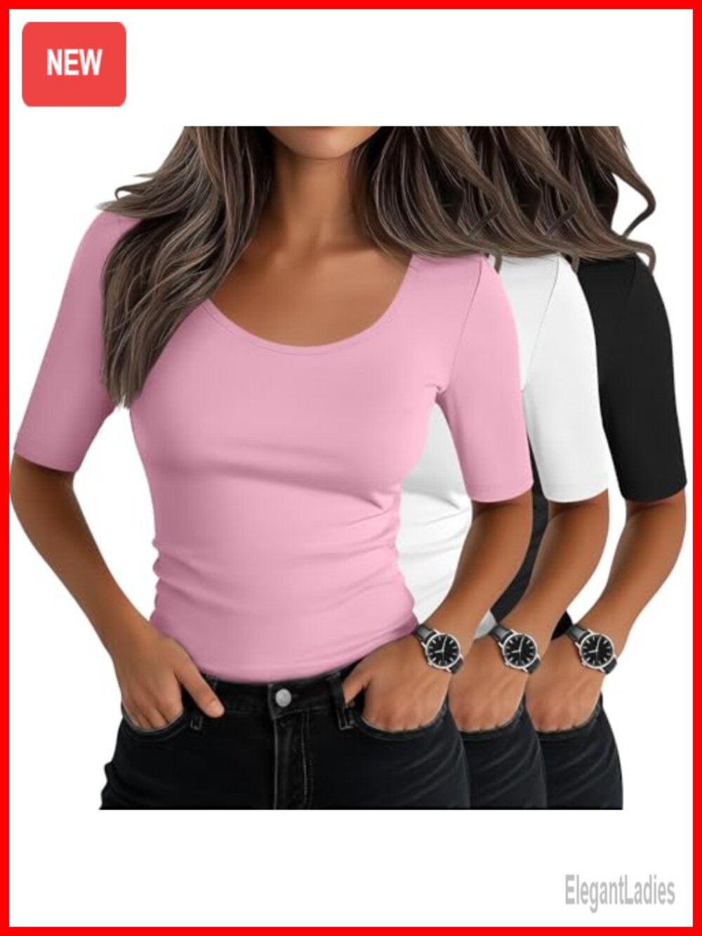 Women's Half Sleeve Fitted Scoop Neck T-Shirts 3 Pack Cotton Blend Tees